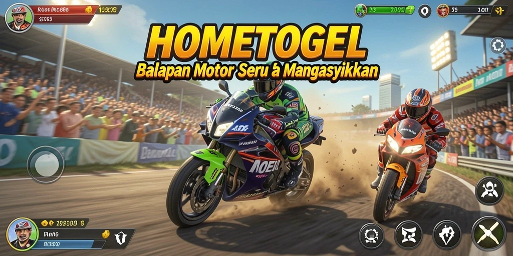 Screenshot HOMETOGEL menunjukkan aksi balapan motor yang mendebarkan.