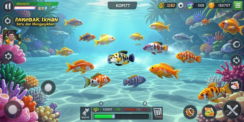 Tampilan gameplay seru KOPI77 dengan banyak ikan berwarna-warni.