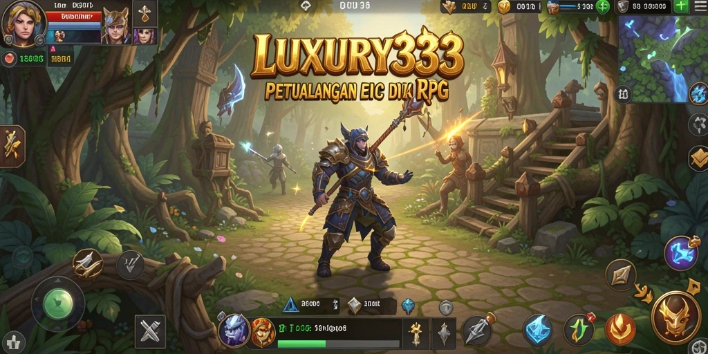 Tangkapan layar utama LUXURY333 menampilkan aksi pertarungan epik dalam dunia RPG.